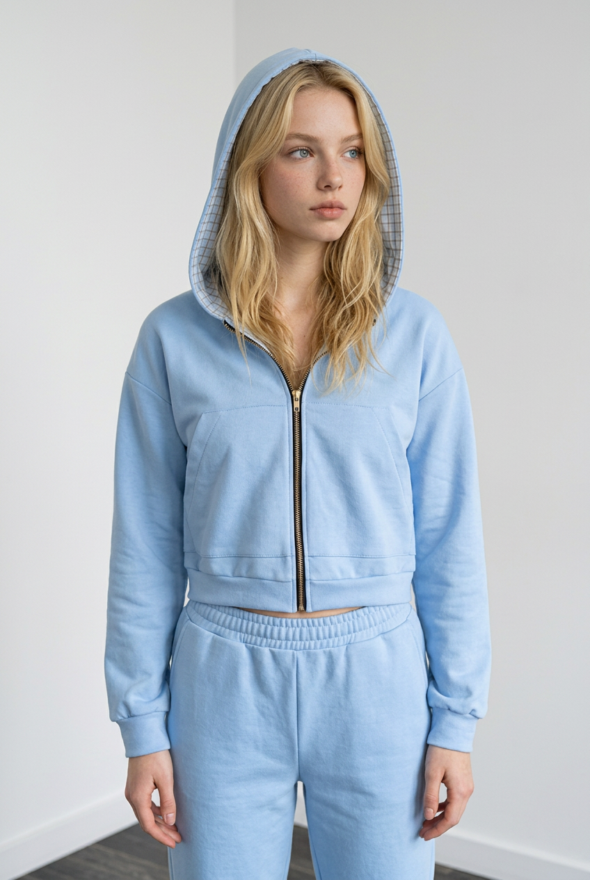 Felpa da donna con chiusura frontale con zip e cappuccio interno in fantasia scozzese
