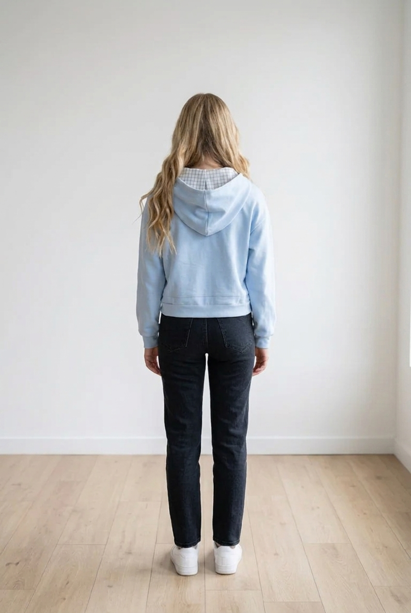 Felpa da donna con chiusura frontale con zip e cappuccio interno in fantasia scozzese