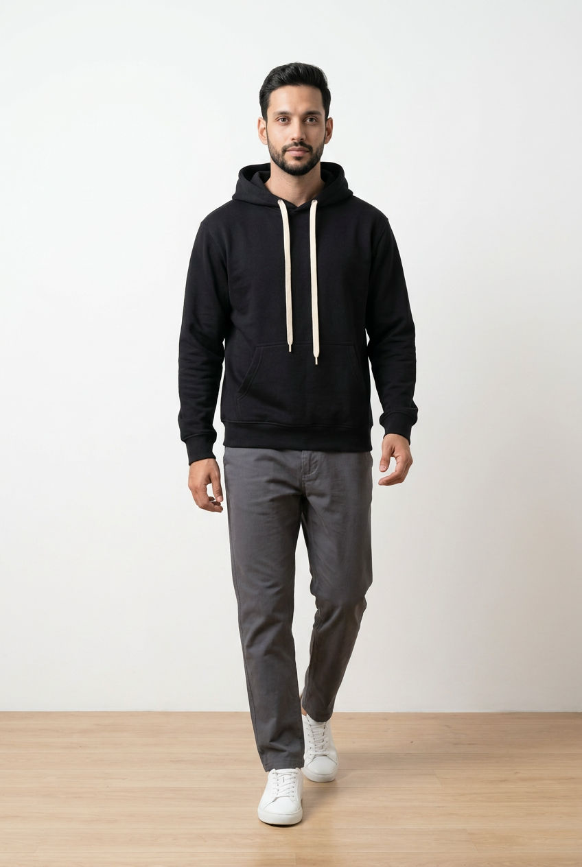 Maglia da uomo nera felpata, con cappuccio regolabile tramite coulisse a contrasto, tasca frontale a marsupio e finiture elasticizzate su polsini e fondo.