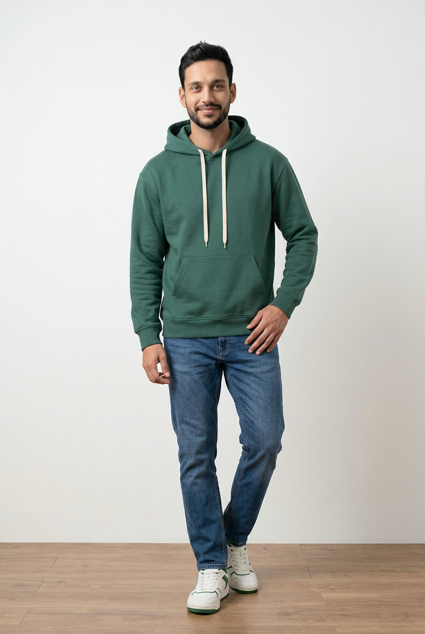 Maglia da uomo felpata, con cappuccio regolabile tramite coulisse a contrasto, tasca frontale a marsupio e finiture elasticizzate su polsini e fondo.