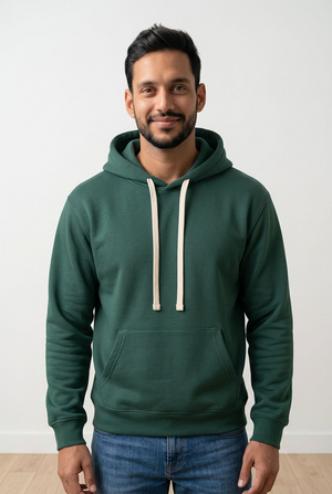 Maglia da uomo felpata, con cappuccio regolabile tramite coulisse a contrasto, tasca frontale a marsupio e finiture elasticizzate su polsini e fondo.