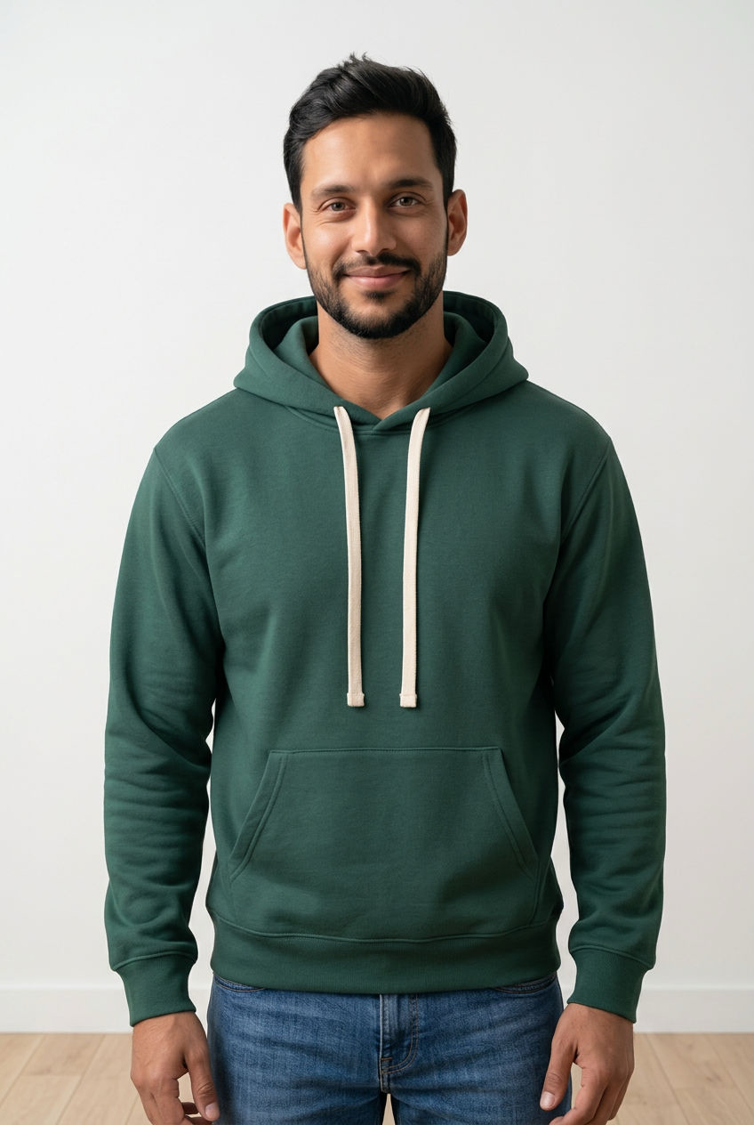 Maglia da uomo felpata, con cappuccio regolabile tramite coulisse a contrasto, tasca frontale a marsupio e finiture elasticizzate su polsini e fondo.