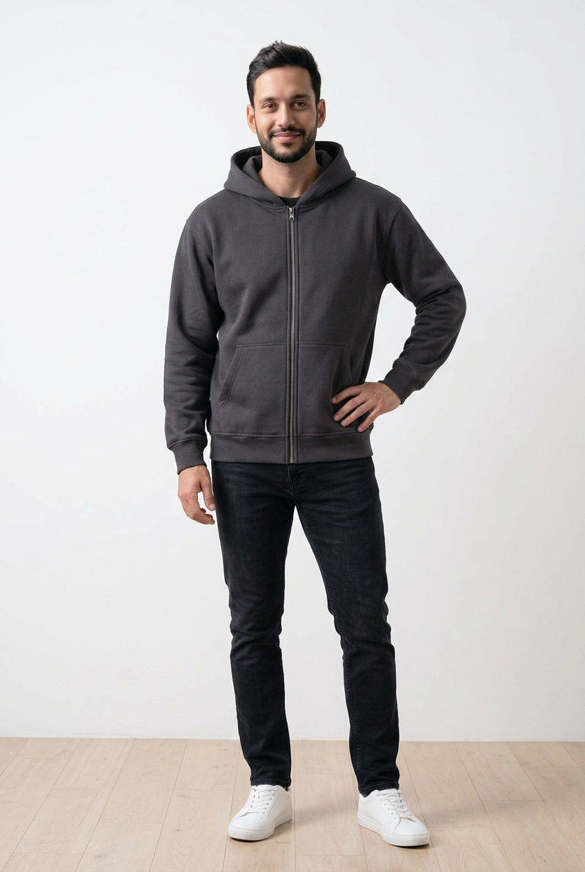 Felpa uomo con cappuccio, chiusura con zip frontale e pratiche tasche laterali a marsupio, con polsini e fondo elasticizzati.