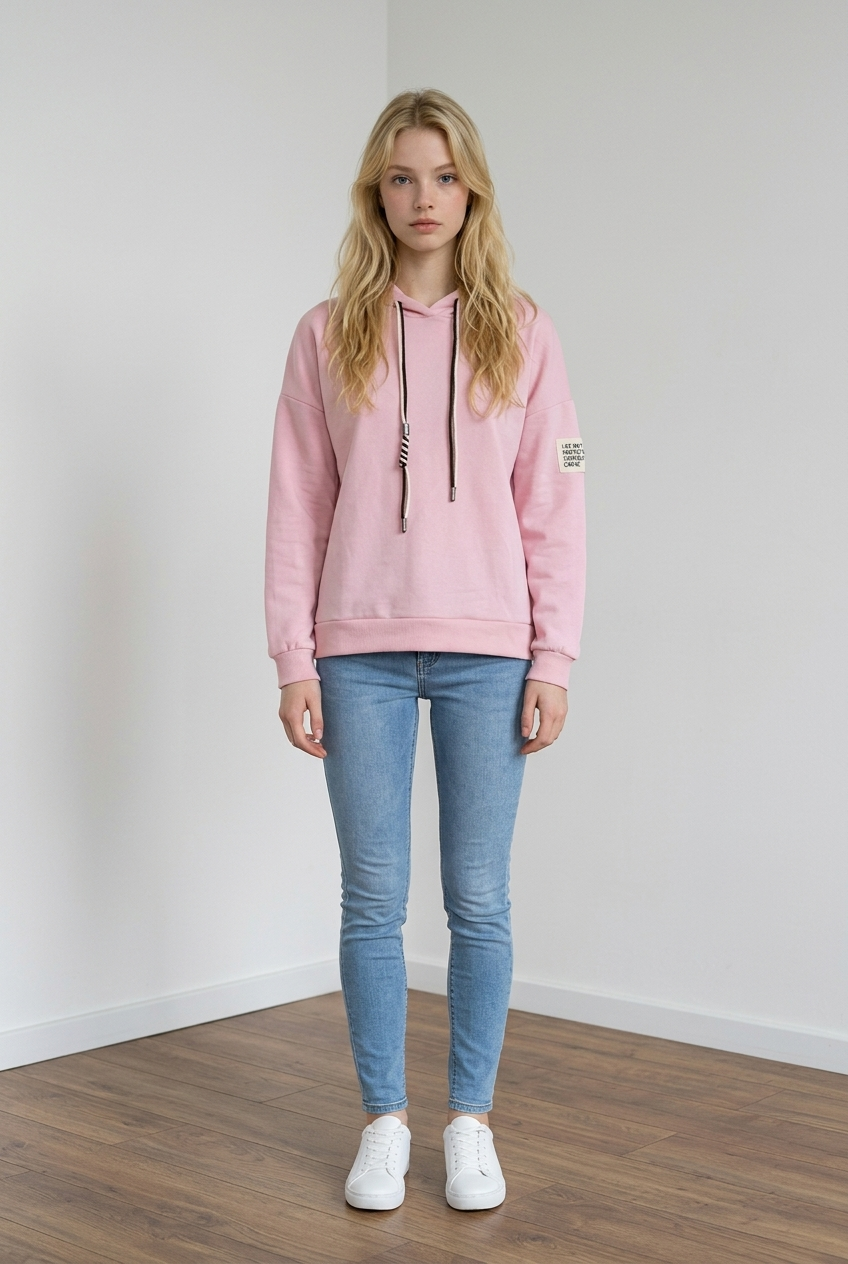 Felpa donna oversize realizzata in tessuto morbido e strutturato, con la presenza di un cappuccio ampio con particolare coulisse a contrasto