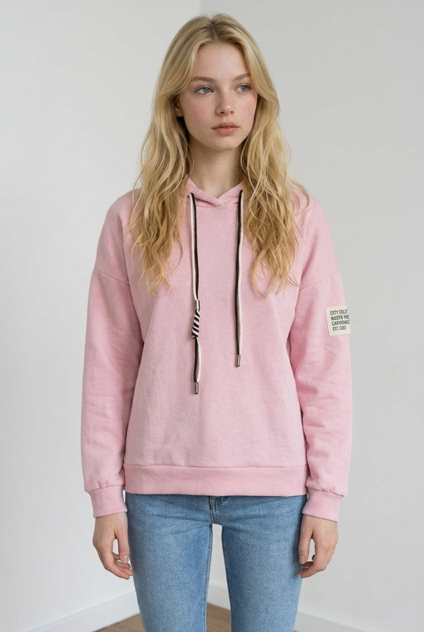 Felpa oversize realizzata in tessuto morbido e strutturato, con la presenza di un cappuccio ampio con particolare coulisse a contrasto