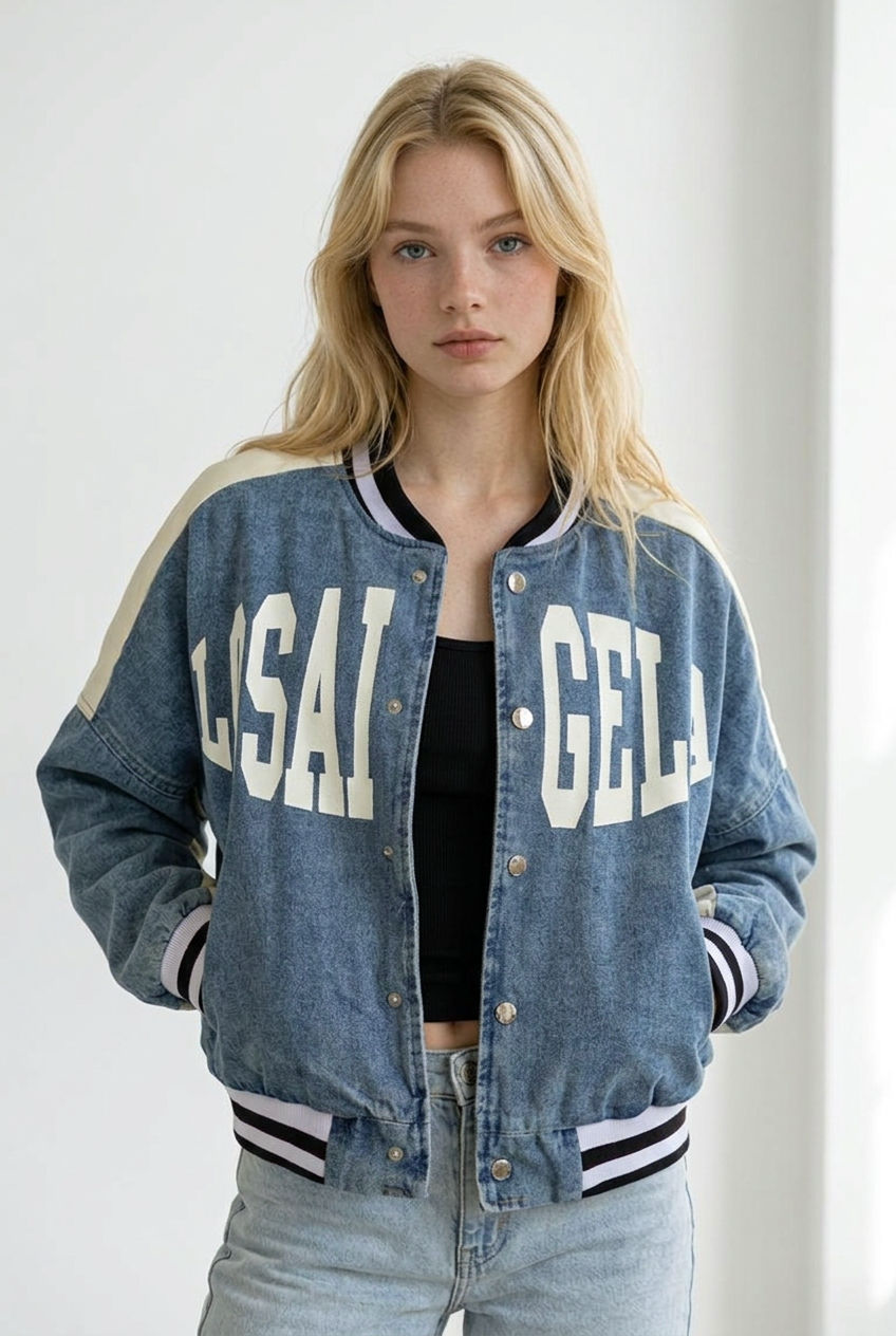 Giubbino stile college, realizzato in denim leggero. Il modello presenta chiusura frontale con bottoni a pressione e scritta sul davanti; le maniche sono a contrasto, i polsini, il colletto e i bordi, elasticizzati a righe, richiamano il classico stile sportivo americano.