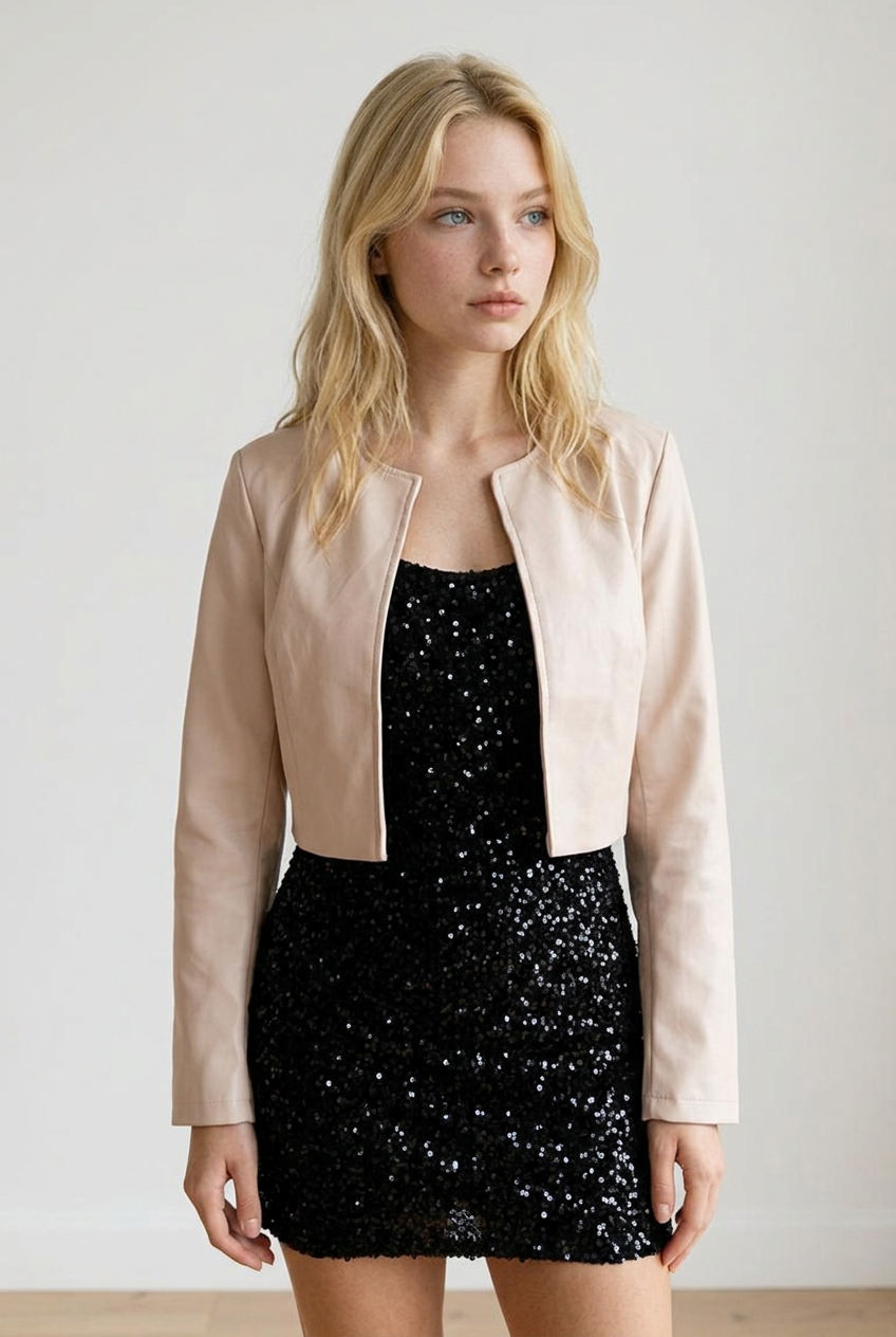 Giacca cropped beige senza colletto, con scollo ampio e arrotondato