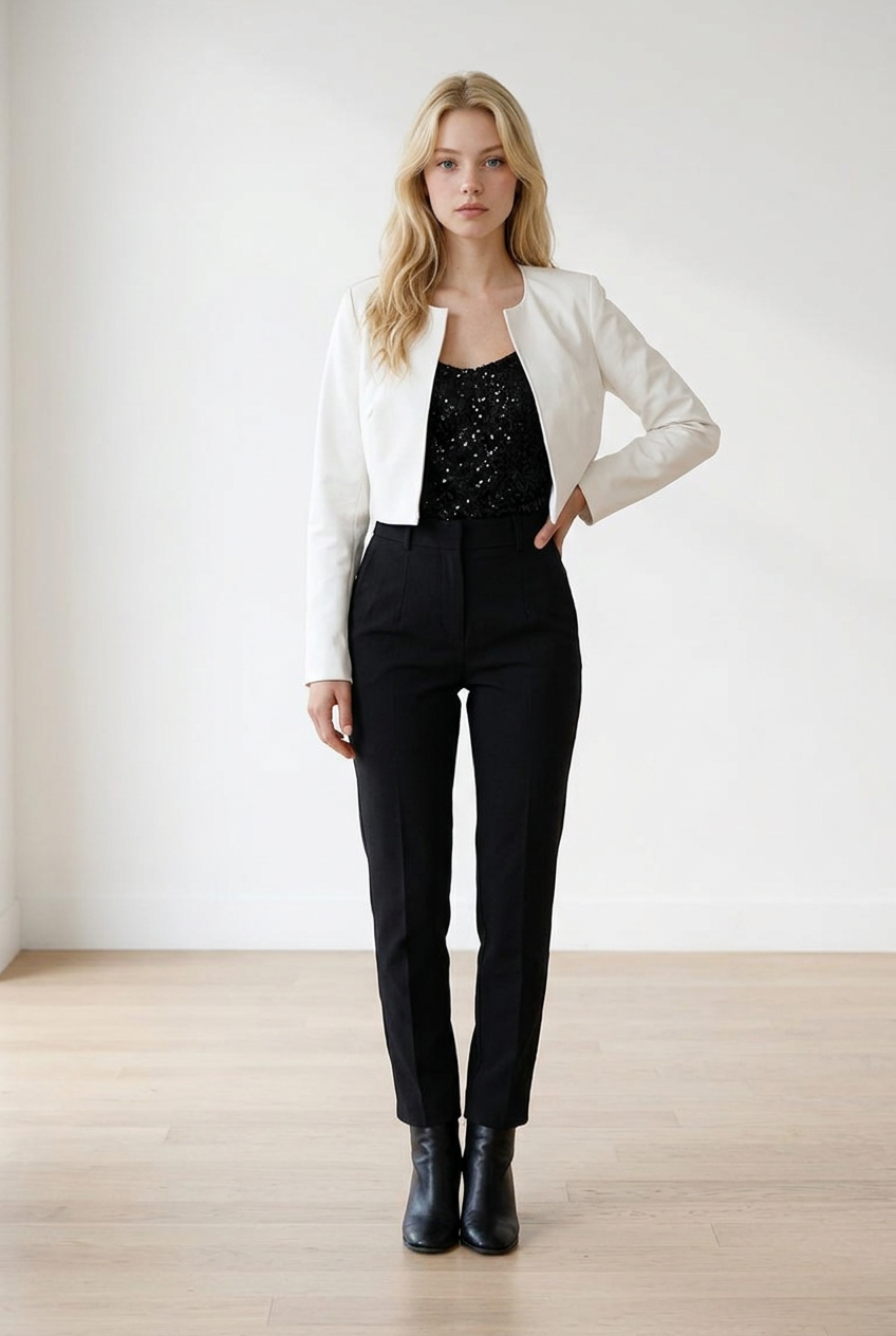 Giacca cropped bianca senza colletto, con scollo ampio e arrotondato