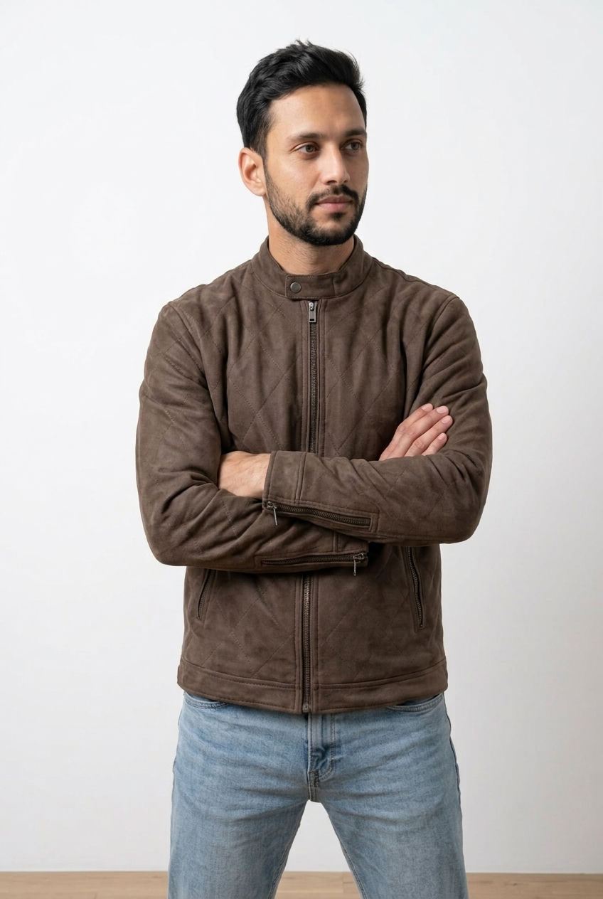 Giubbino scamosciato stile casual contemporaneo. Realizzato in morbido suede, chiusura frontale con zip centrale, colletto corto con bottone a pressione