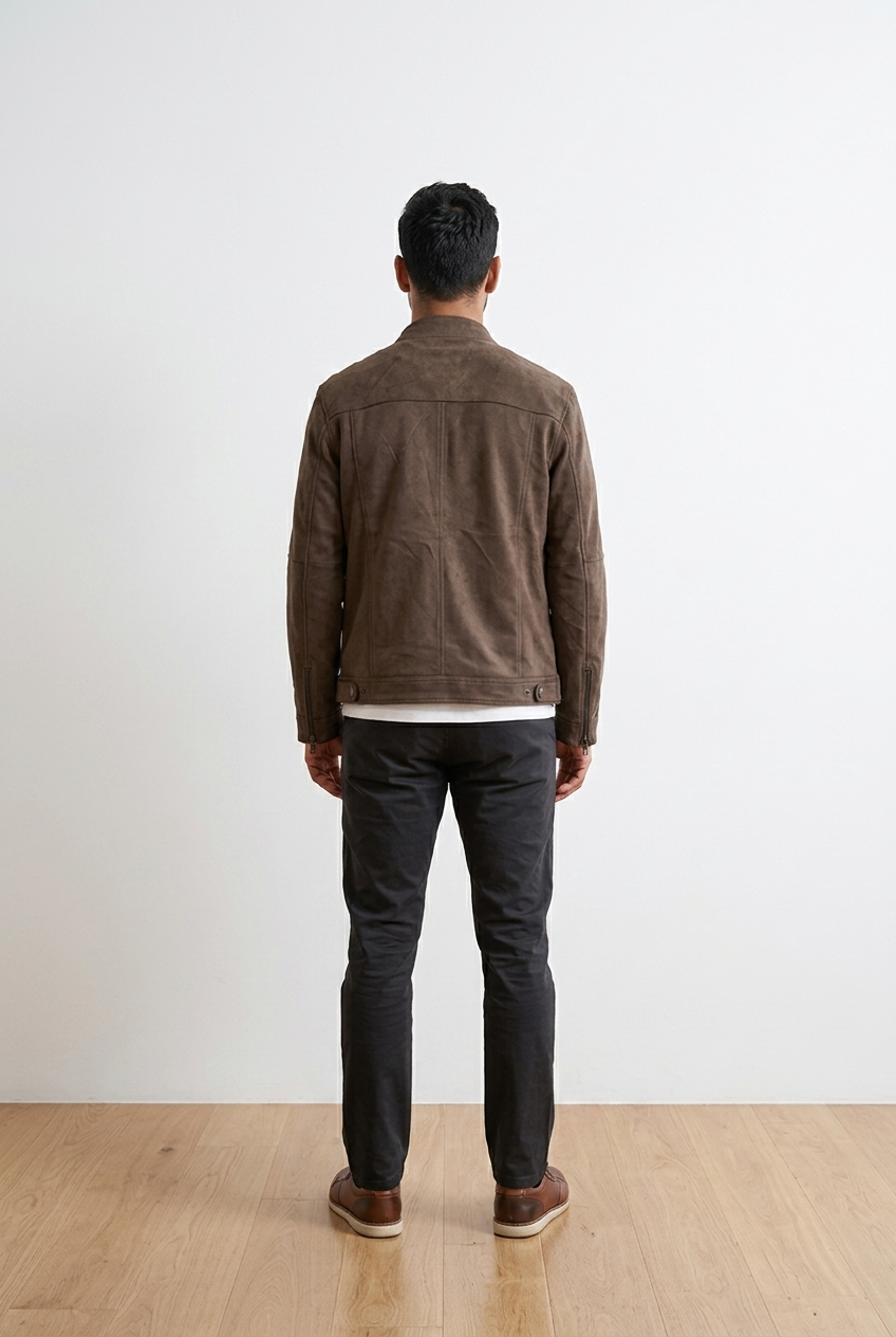 Giubbino grigio scuri, scamosciato stile casual contemporaneo. Realizzato in morbido suede, chiusura frontale con zip centrale, colletto corto con bottone a pressione