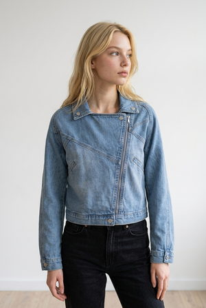 Giubbino in denim chiaro dal design moderno, caratterizzato da colletto ampio con revers stile biker, chiusura con zip asimmetrica, tasche decorative laterali e bottoni metallici sul colletto