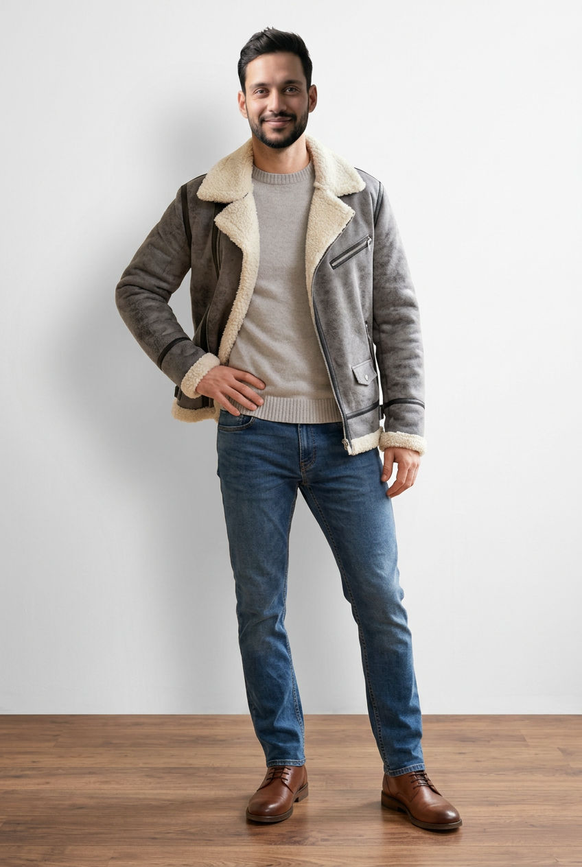 Giubbino uomo in ecopelle effetto scamosciato, interno in morbido shearling sintetico. Questo giubbino ha una chiusura frontale con zip asimmetrica, ampio collo con revers, tasche laterali con zip e taschino applicato con bottone automatico. I polsini e il fondo sono rifiniti in shearling sintetico.