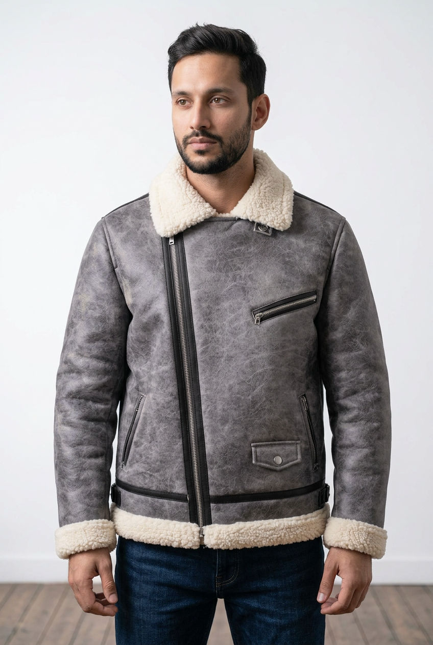 Giubbino in ecopelle effetto scamosciato, interno in morbido shearling sintetico. Questo giubbino ha una chiusura frontale con zip asimmetrica, ampio collo con revers, tasche laterali con zip e taschino applicato con bottone automatico. I polsini e il fondo sono rifiniti in shearling sintetico.