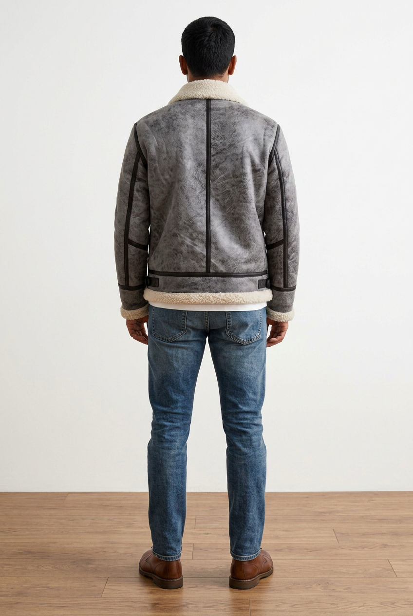 Giubbino grigio in ecopelle effetto scamosciato, interno in morbido shearling sintetico. Questo giubbino ha una chiusura frontale con zip asimmetrica, ampio collo con revers, tasche laterali con zip e taschino applicato con bottone automatico. I polsini e il fondo sono rifiniti in shearling sintetico.