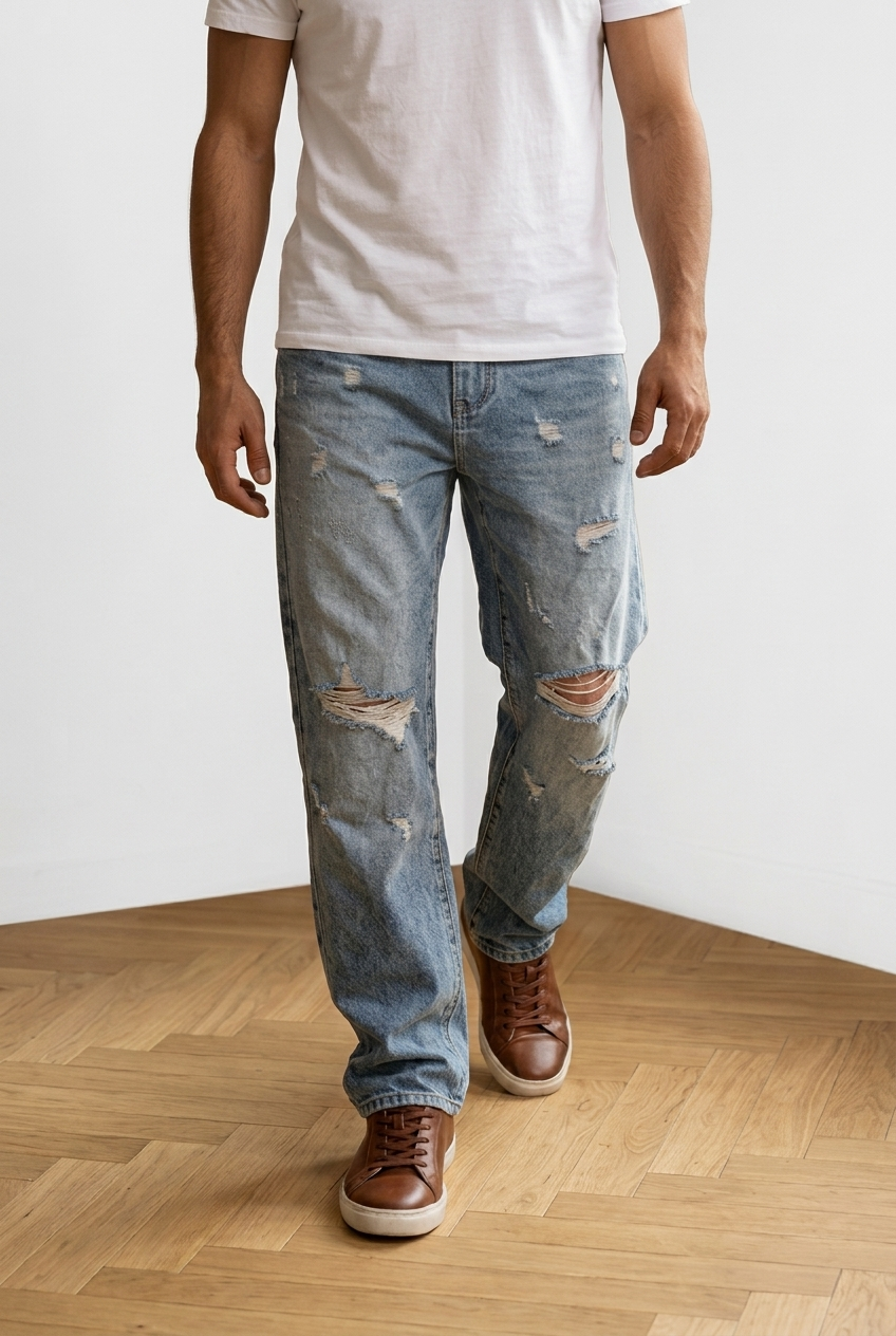 Jeans con vestibilità baggy e stile streetwear contemporaneo. Realizzato in denim effetto slavato per un look moderno e casual; presenta strappi frontali