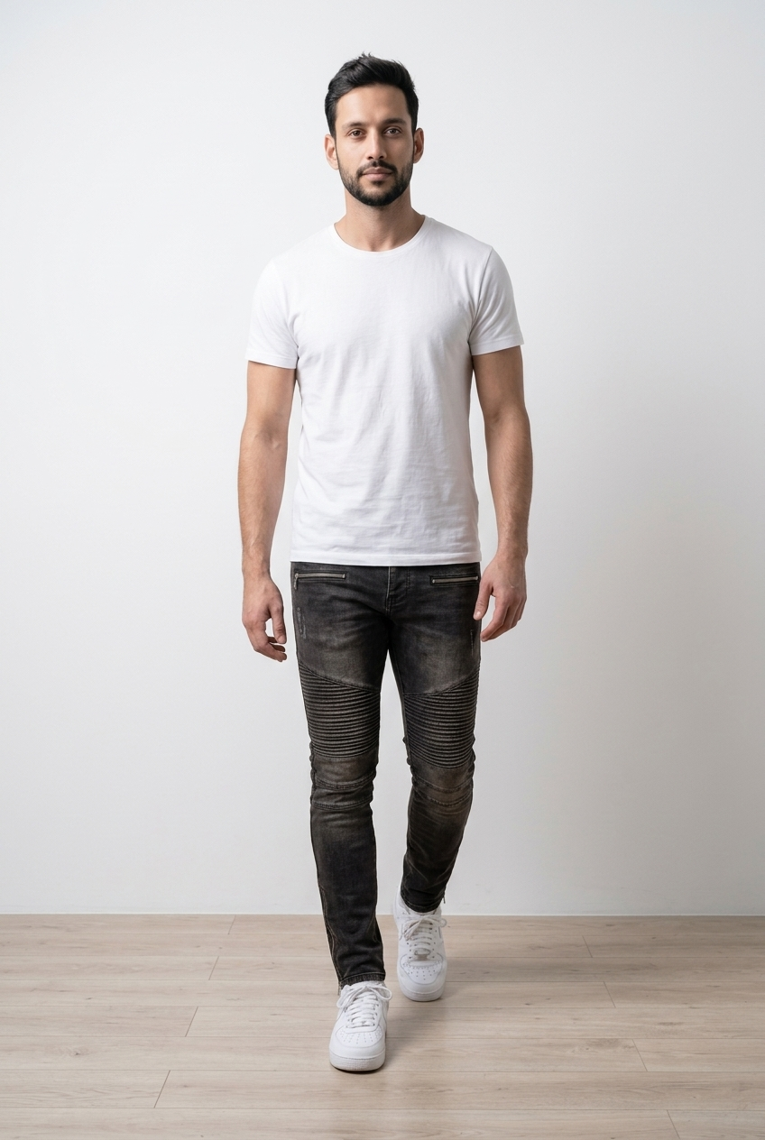 Jeans nero con vestibilità slim fit; caratterizzato da inserti biker a coste sulle ginocchia e zip decorative sul davanti e sulle caviglie . Il denim presenta un lavaggio effetto vintage leggermente sfumato.