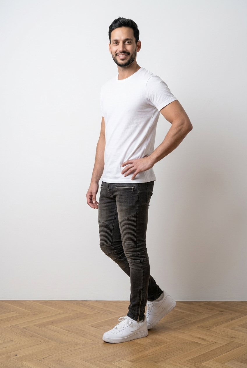 Jeans uomo con vestibilità slim fit; caratterizzato da inserti biker a coste sulle ginocchia e zip decorative sul davanti e sulle caviglie . Il denim presenta un lavaggio effetto vintage leggermente sfumato.