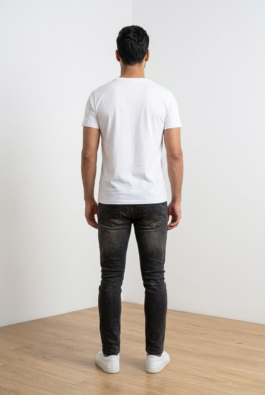 Jeans da uomo nero,  con vestibilità slim fit; caratterizzato da inserti biker a coste sulle ginocchia e zip decorative sul davanti e sulle caviglie . Il denim presenta un lavaggio effetto vintage leggermente sfumato.