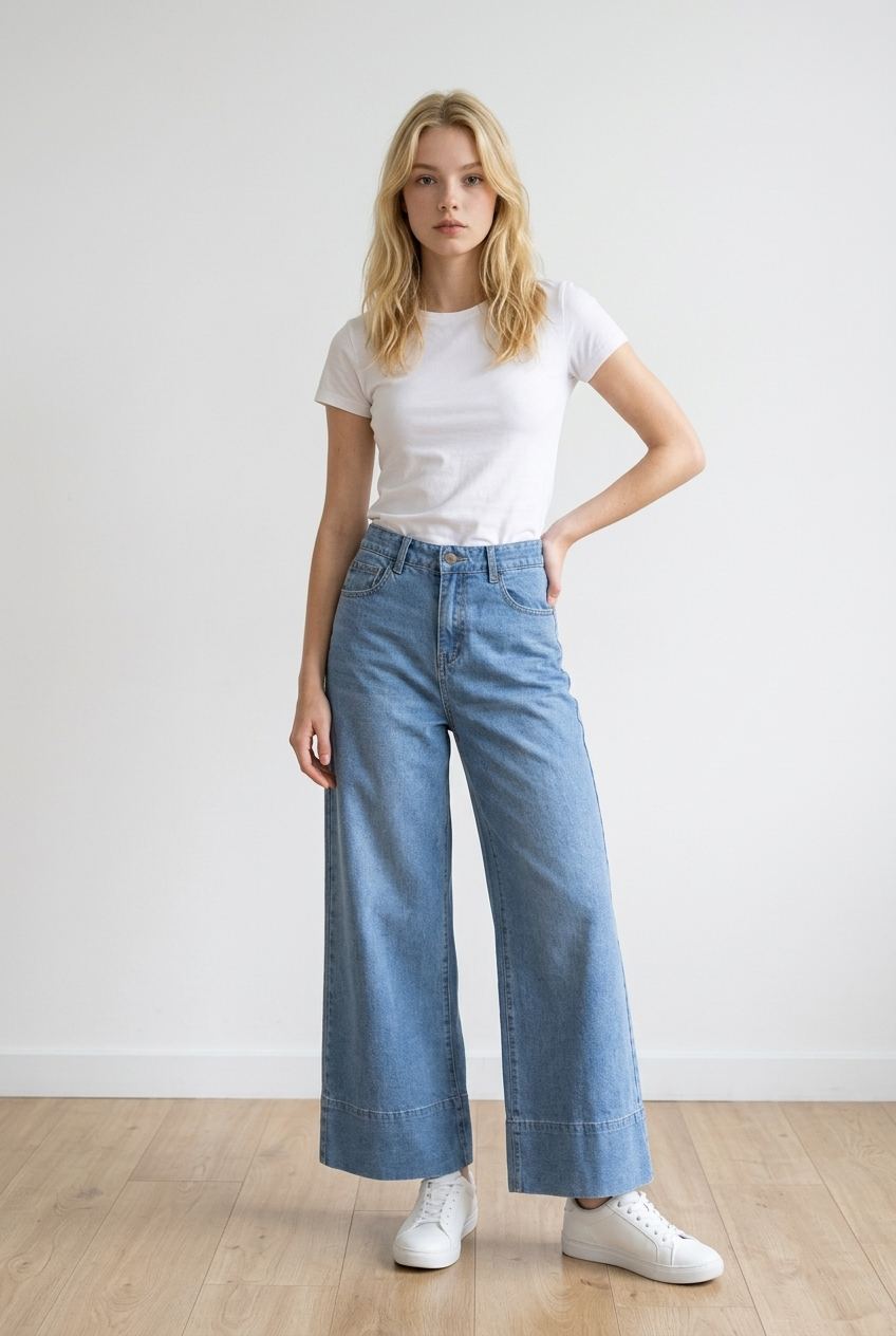 Jeans donna palazzo in denim chiaro, modello high-waist che valorizza il punto vita e slancia la silhouette. Il fondo ampio con risvolto strutturato dona un tocco di personalità. Questo jeans presenta passanti per cintura, chiusura frontale con zip e bottoni; classica struttura a 5 tasche di cui le due posteriori impreziosite da applicazione rosa brillante effetto gioiello.
