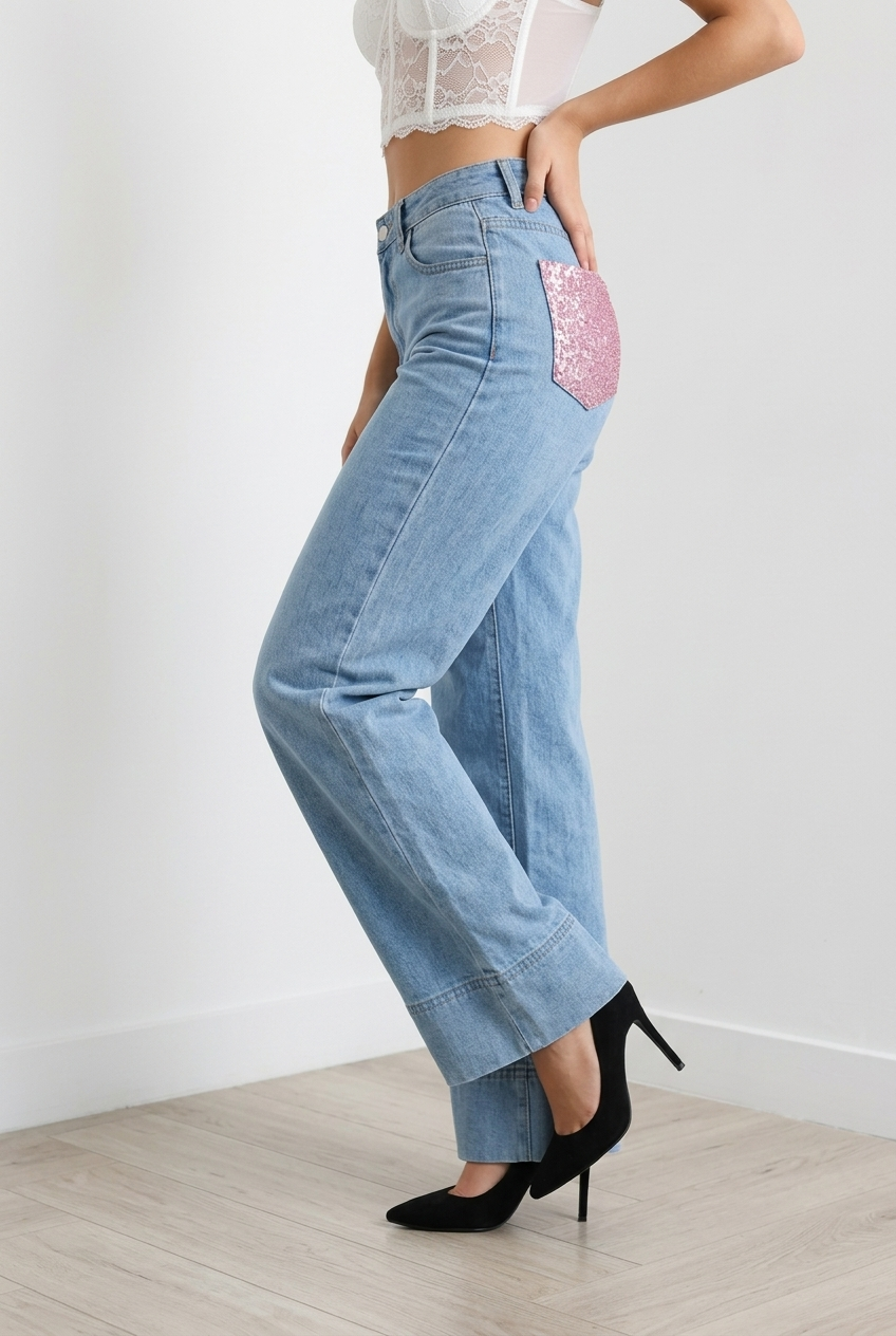 Jeans palazzo in denim chiaro, modello high-waist che valorizza il punto vita e slancia la silhouette. Il fondo ampio con risvolto strutturato dona un tocco di personalità. Questo jeans presenta passanti per cintura, chiusura frontale con zip e bottoni; classica struttura a 5 tasche di cui le due posteriori impreziosite da applicazione rosa brillante effetto gioiello.