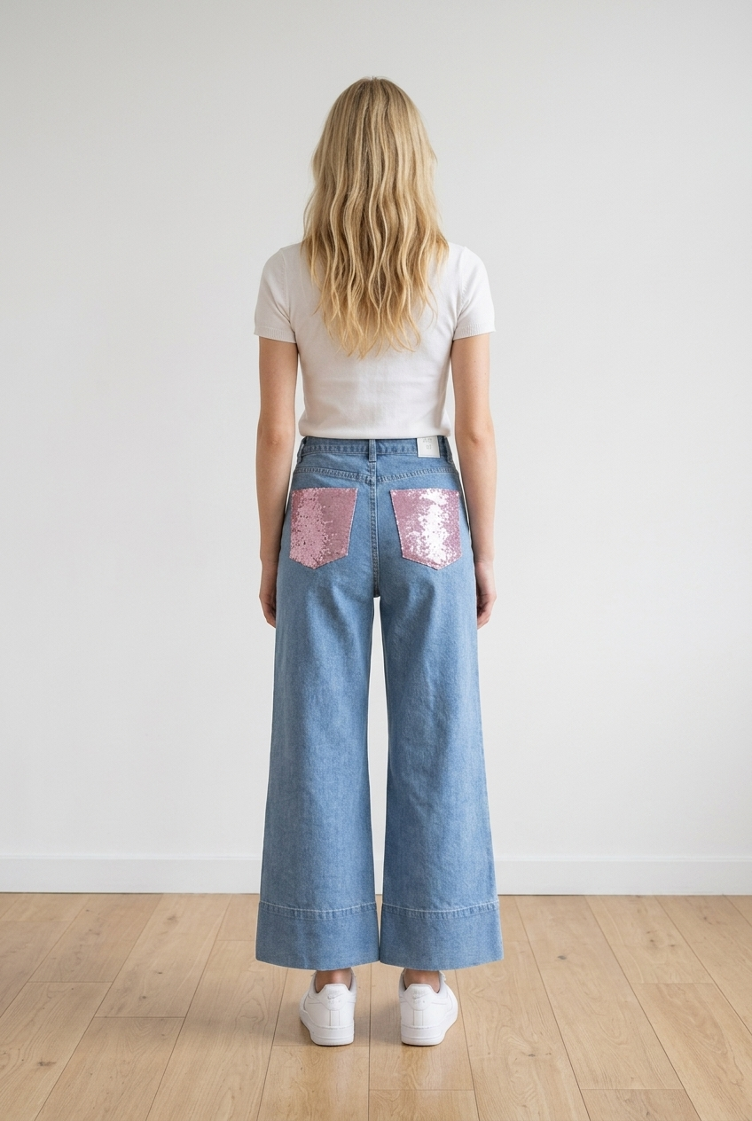 Jeans palazzo in denim chiaro, modello high-waist che valorizza il punto vita e slancia la silhouette. Il fondo ampio con risvolto strutturato dona un tocco di personalità. Questo jeans presenta passanti per cintura, chiusura frontale con zip e bottoni; classica struttura a 5 tasche di cui le due posteriori impreziosite da applicazione rosa brillante effetto gioiello.