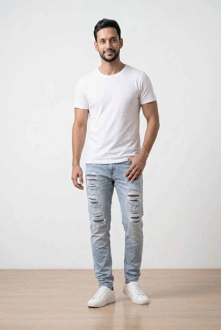 Jeans uomo slim fit, realizzati in denim chiaro con colorazione effetto used, con presenza di strappi e abrasioni. 
