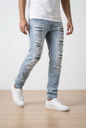 Jeans slim fit, realizzati in denim chiaro con colorazione effetto used, con presenza di strappi e abrasioni. 