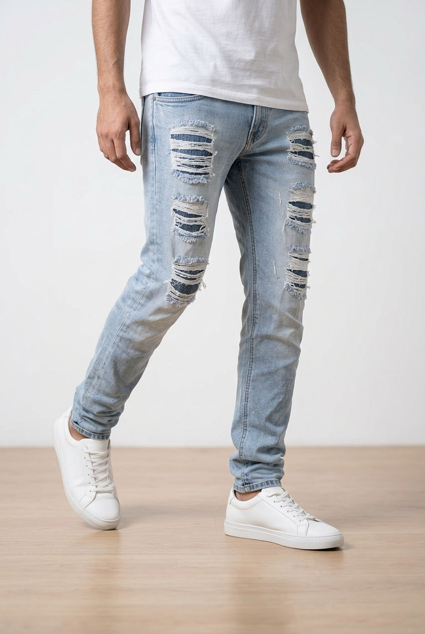 Jeans slim fit, realizzati in denim chiaro con colorazione effetto used, con presenza di strappi e abrasioni. 