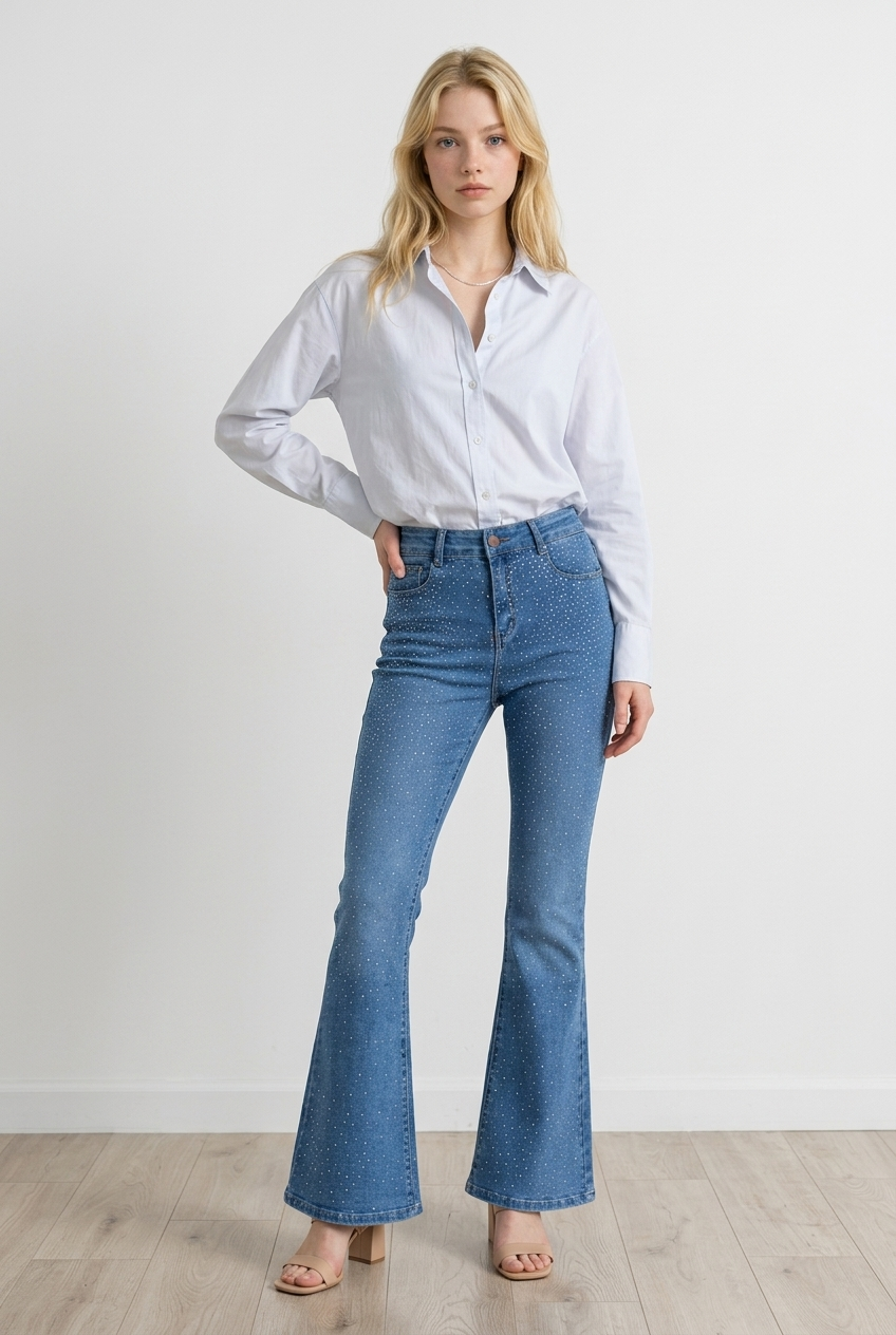 Jeans flare da donna, in denim chiaro, modello high-waist che valorizza il punto vita e slancia la figura. Questo capo d'abbigliamento segue la linea dei fianchi per poi aprirsi in una gamba a zampa, creando un effetto sinuoso ed elegante; il tessuto è impreziosito da micro applicazioni brillanti effetto sparkling distribuite su tutta la parte frontale.