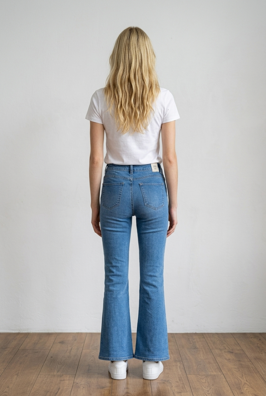 Jeans flare in denim chiaro, modello high-waist che valorizza il punto vita e slancia la figura. Questo capo d'abbigliamento segue la linea dei fianchi per poi aprirsi in una gamba a zampa, creando un effetto sinuoso ed elegante; il tessuto è impreziosito da micro applicazioni brillanti effetto sparkling distribuite su tutta la parte frontale.