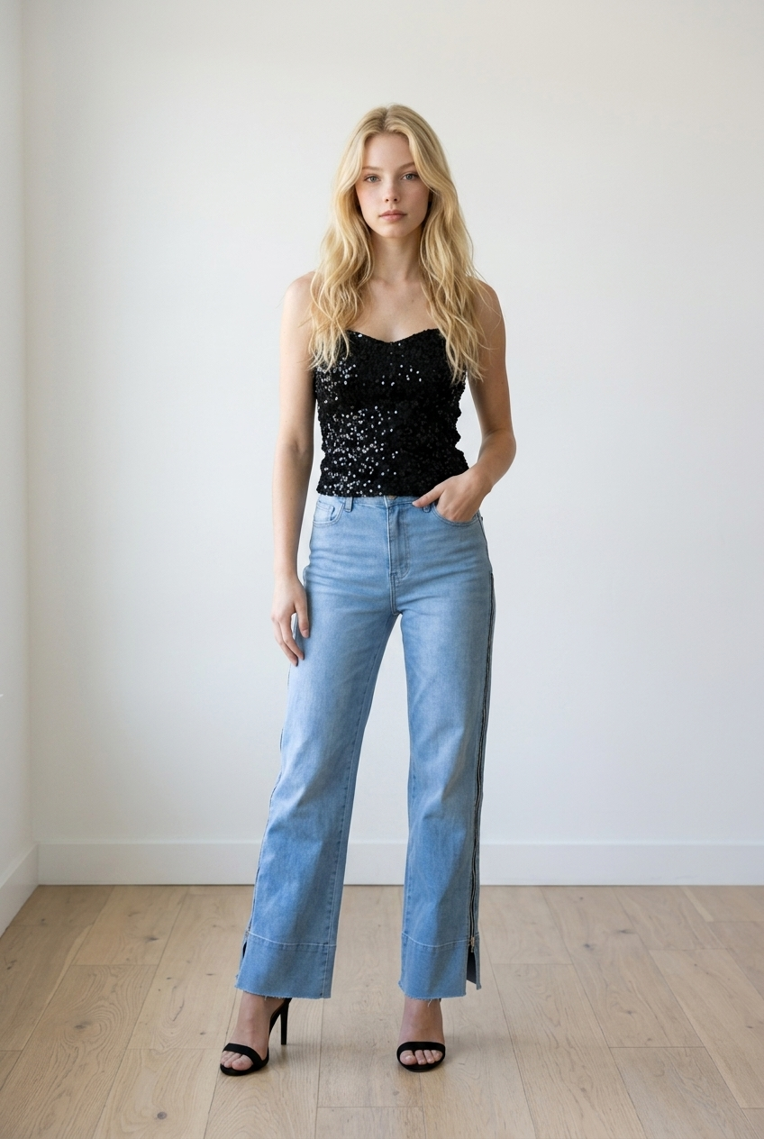Jeans donna a palazzo in denim chiaro, modello high-waist, dettaglio la  zip laterale lungo la gamba 