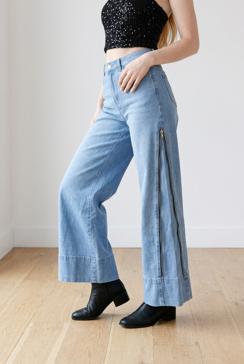 Jeans a palazzo in denim chiaro, modello high-waist, dettaglio la  zip laterale lungo la gamba 
