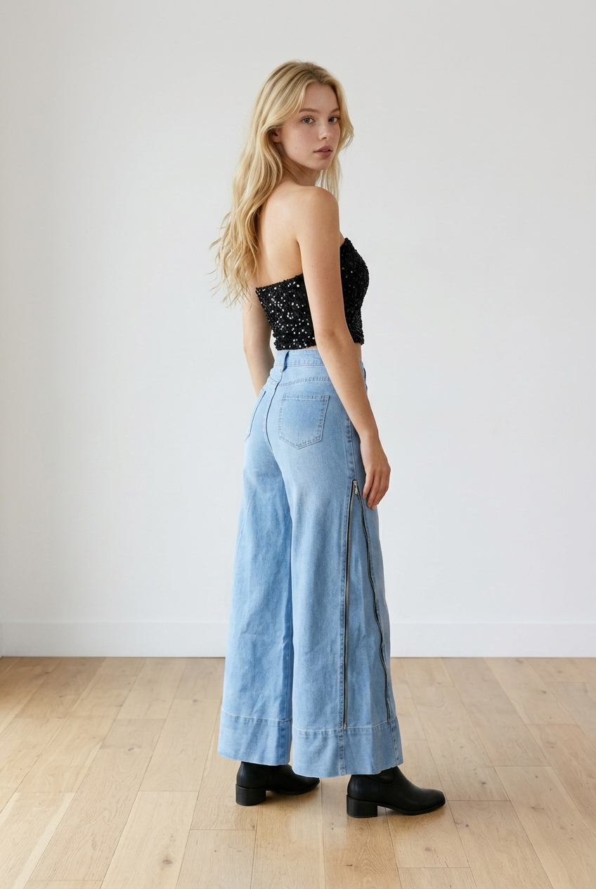 Jeans a palazzo in denim chiaro, modello high-waist, dettaglio la  zip laterale lungo la gamba apribile