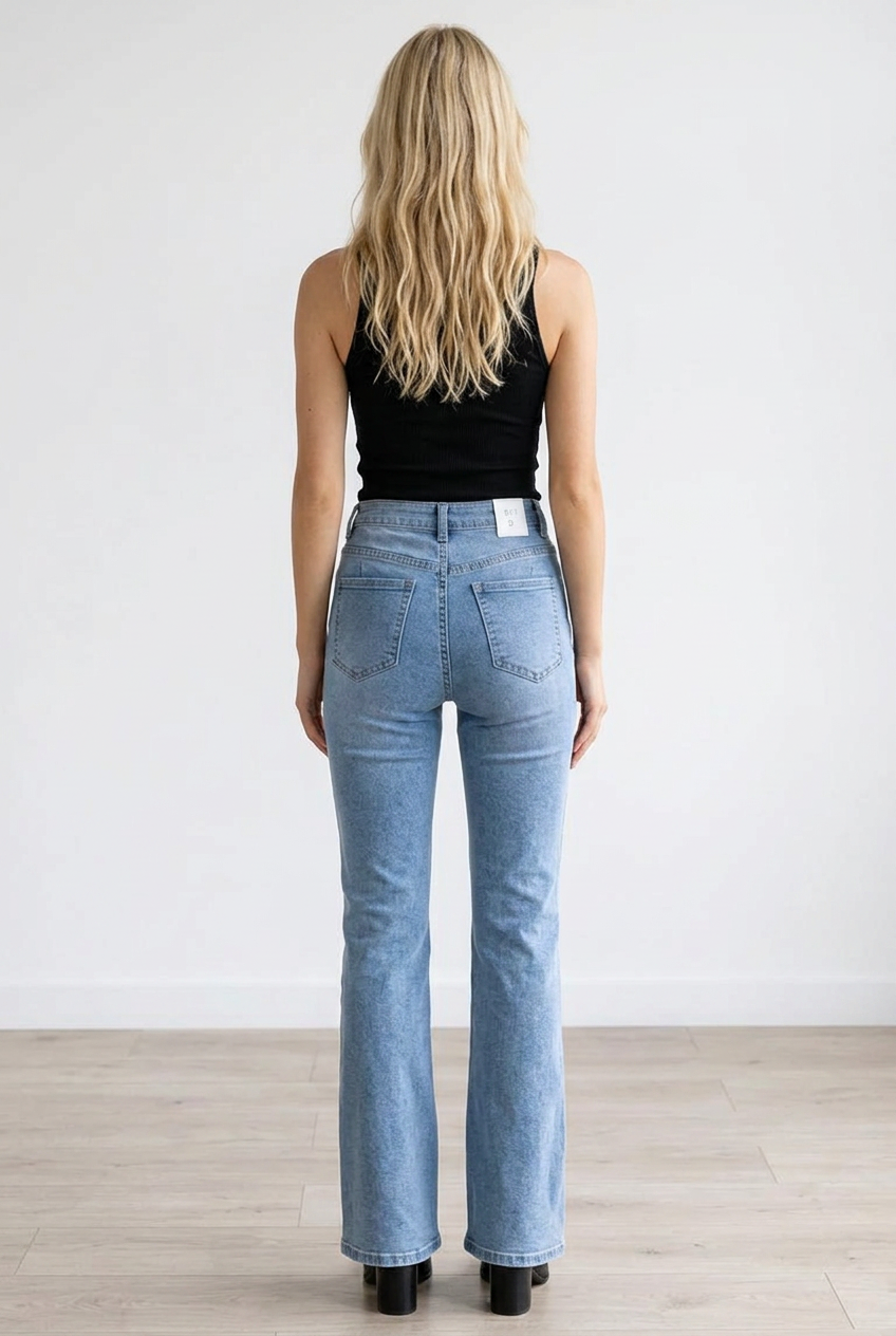 Jeans in denim dal lavaggio blu medio, caratterizzato da vita alta e gamba dritta con leggera apertura sul fondo.
