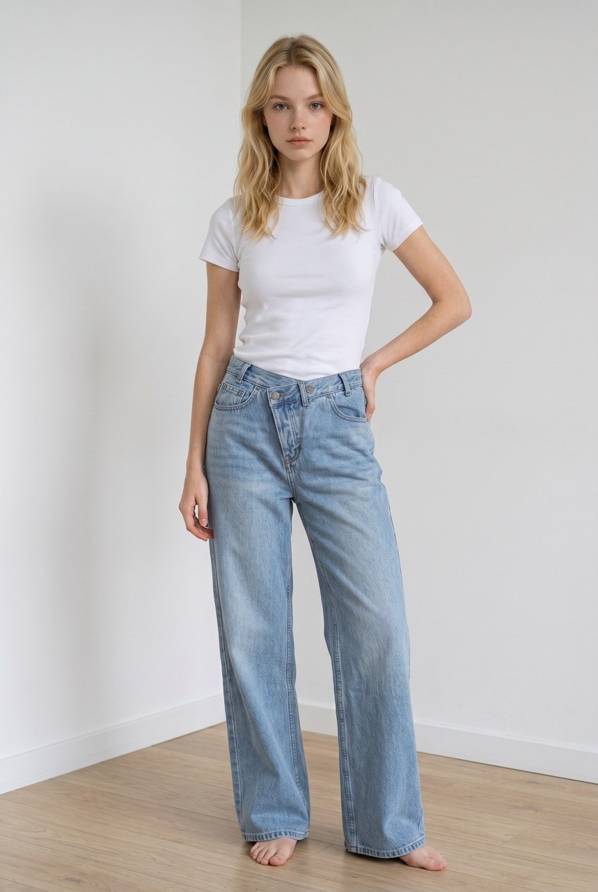 Jeans a vita alta, donna, denim chiaro, chiusura asimmetrica