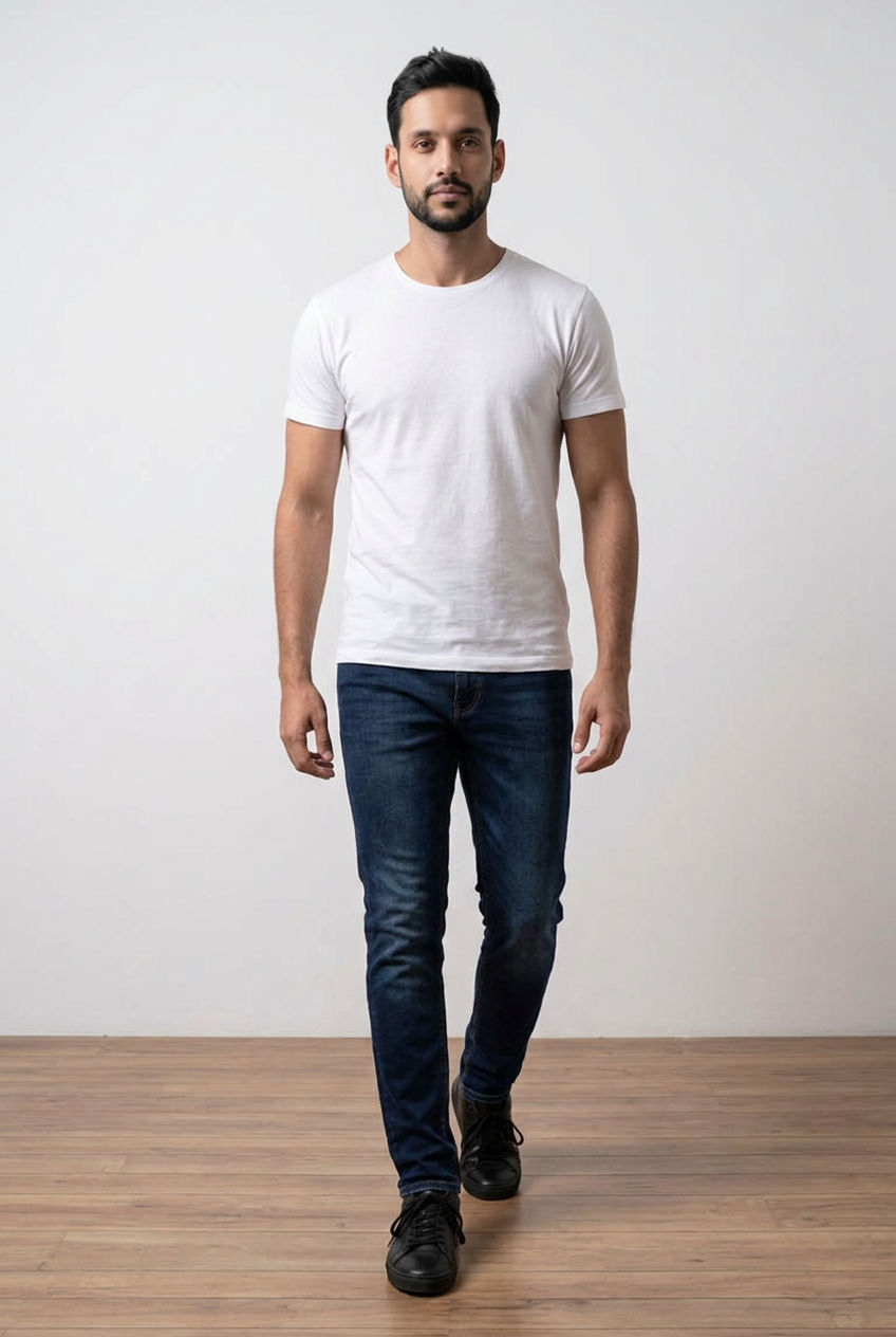Jeans uomo realizzati in denim blu con colorazione uniforme e leggere sfumature. Vestibilità slim