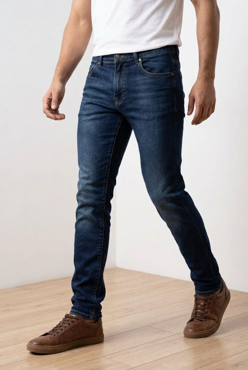 Jeans realizzati in denim blu con colorazione uniforme e leggere sfumature. Vestibilità slim