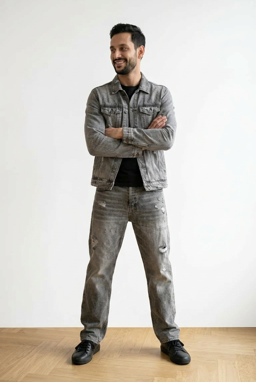 Jeans uomo  in denim grigio, arricchito da effetti destroyed e strappi localizzati. Chiusura con bottoni classico design a 5 tasche.