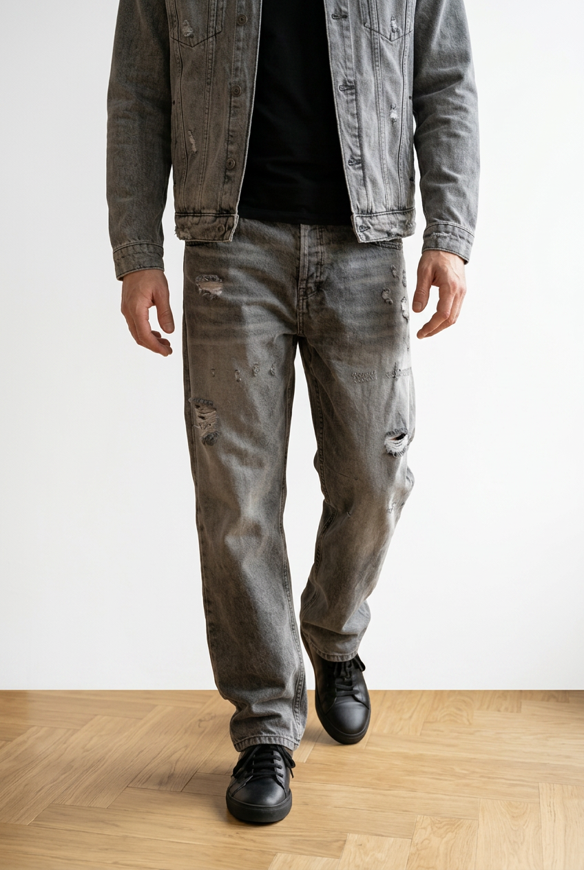 Jeans in denim grigio, arricchito da effetti destroyed e strappi localizzati. Chiusura con bottoni classico design a 5 tasche.