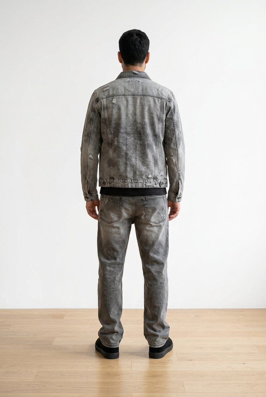 Jeans uomo in denim grigio, con effetti destroyed e strappi localizzati. Chiusura con bottoni e classico design a 5 tasche.