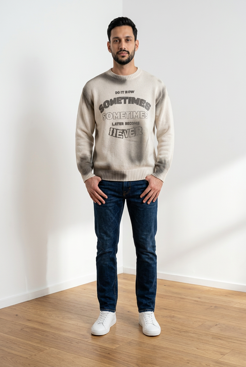 Maglia girocollo da uomo, design  caratterizzato da una stampa frontale con lettering, arricchita da un originale effetto spray sfumato. Polsini, colletto e fondo a costine.