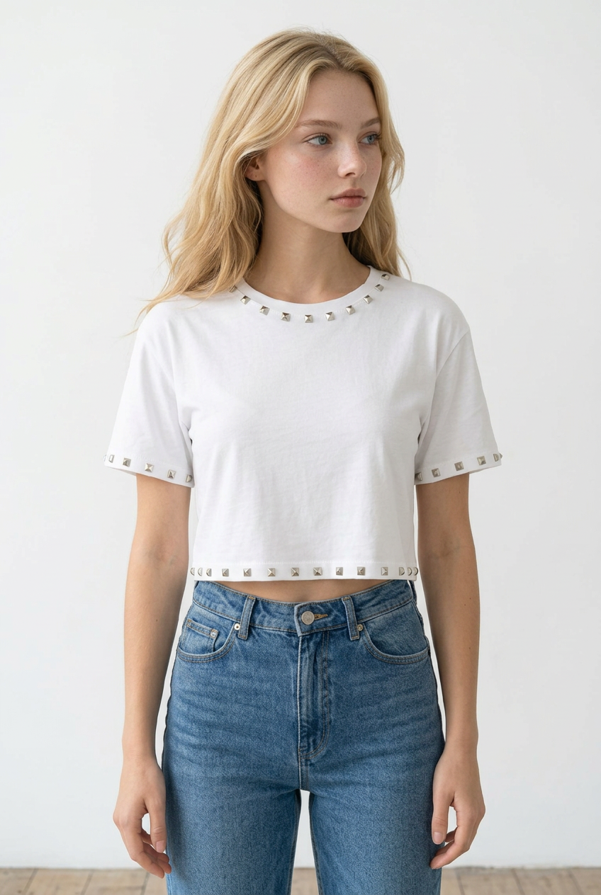 Maglia donna crop, bianca a maniche corte con borchie sui bordi