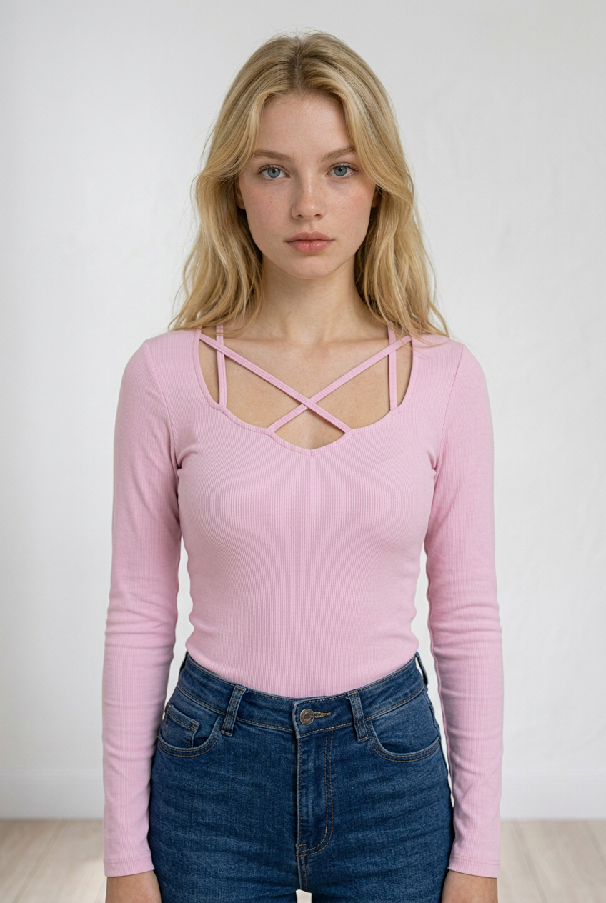 Maglia rosa a maniche lunghe con scollo a V e dettagli incrociati sul décolleté.