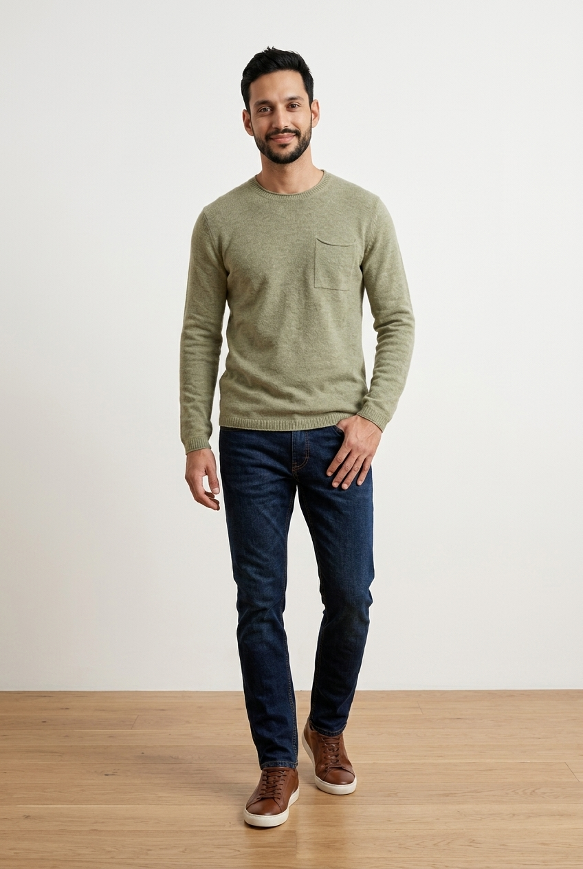 Maglia girocollo verde con taschino applicato sul petto, un dettaglio discreto che aggiunge carattere al capo. Polsini, fondo e girocollo sono caratterizzati da cotone slub.
