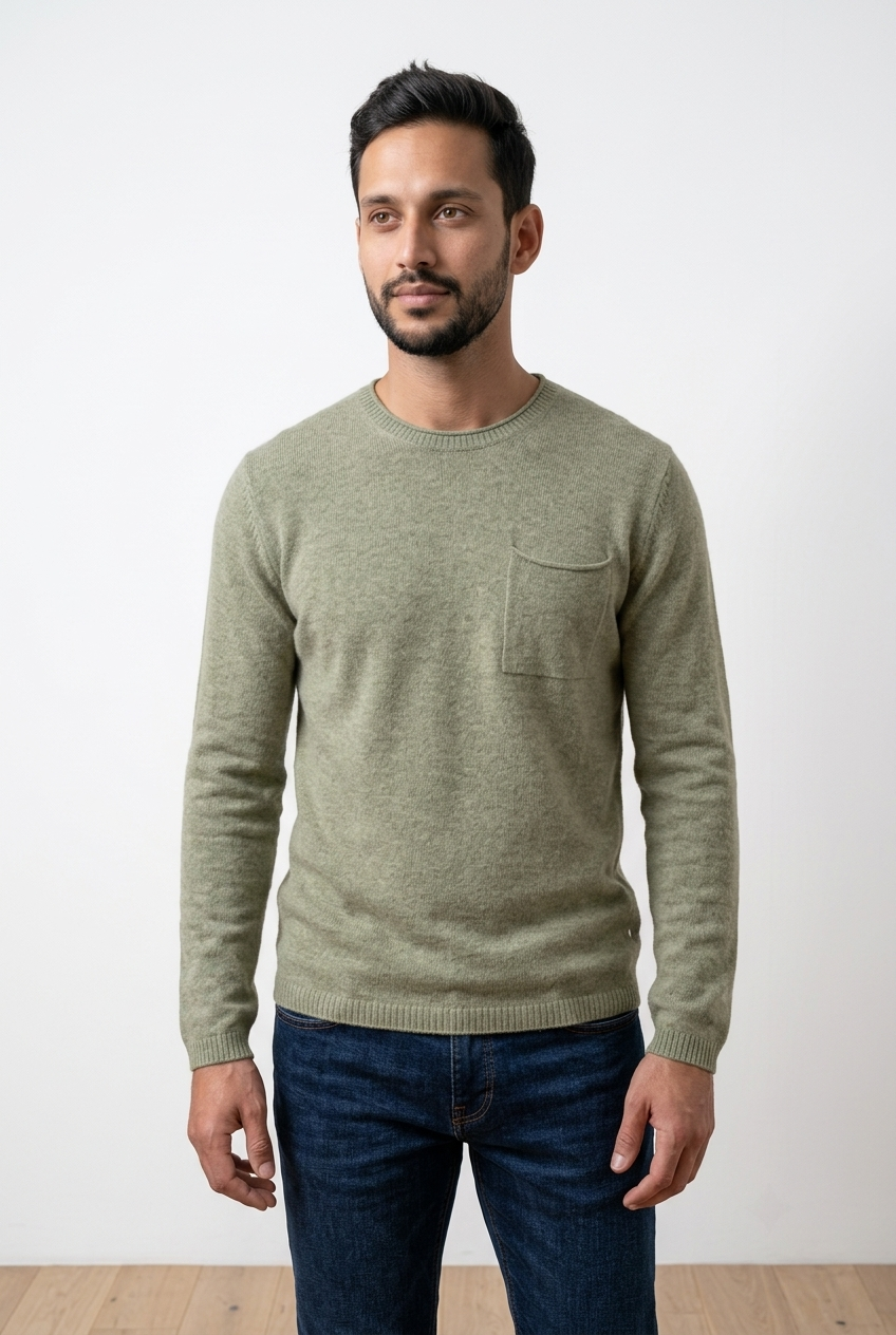 Maglia girocollo con taschino applicato sul petto, un dettaglio discreto che aggiunge carattere al capo. Polsini, fondo e girocollo sono caratterizzati da cotone slub.
