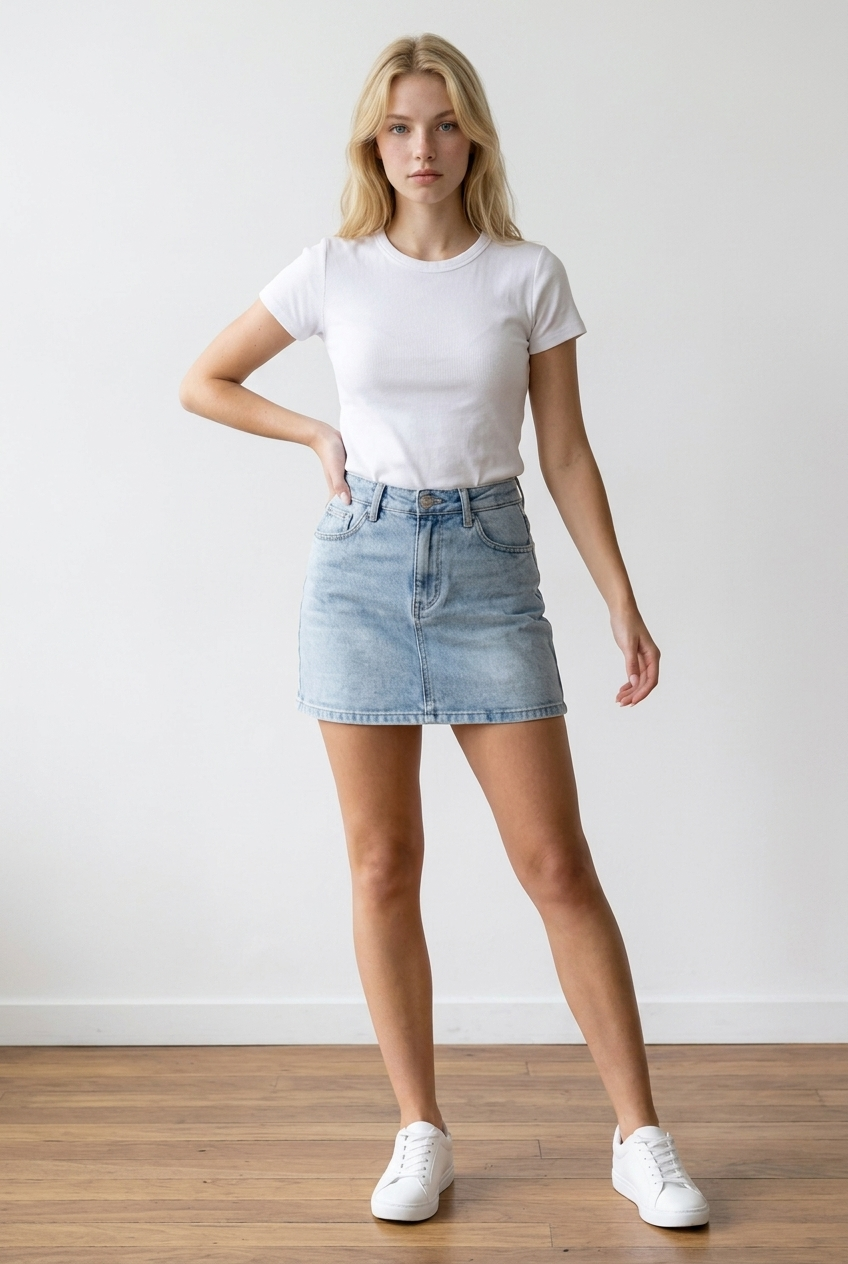 Minigonna donna realizzata in jeans lavaggio azzurro chiaro. Questo modello high-waist, con all'interno un comodo pantaloncino