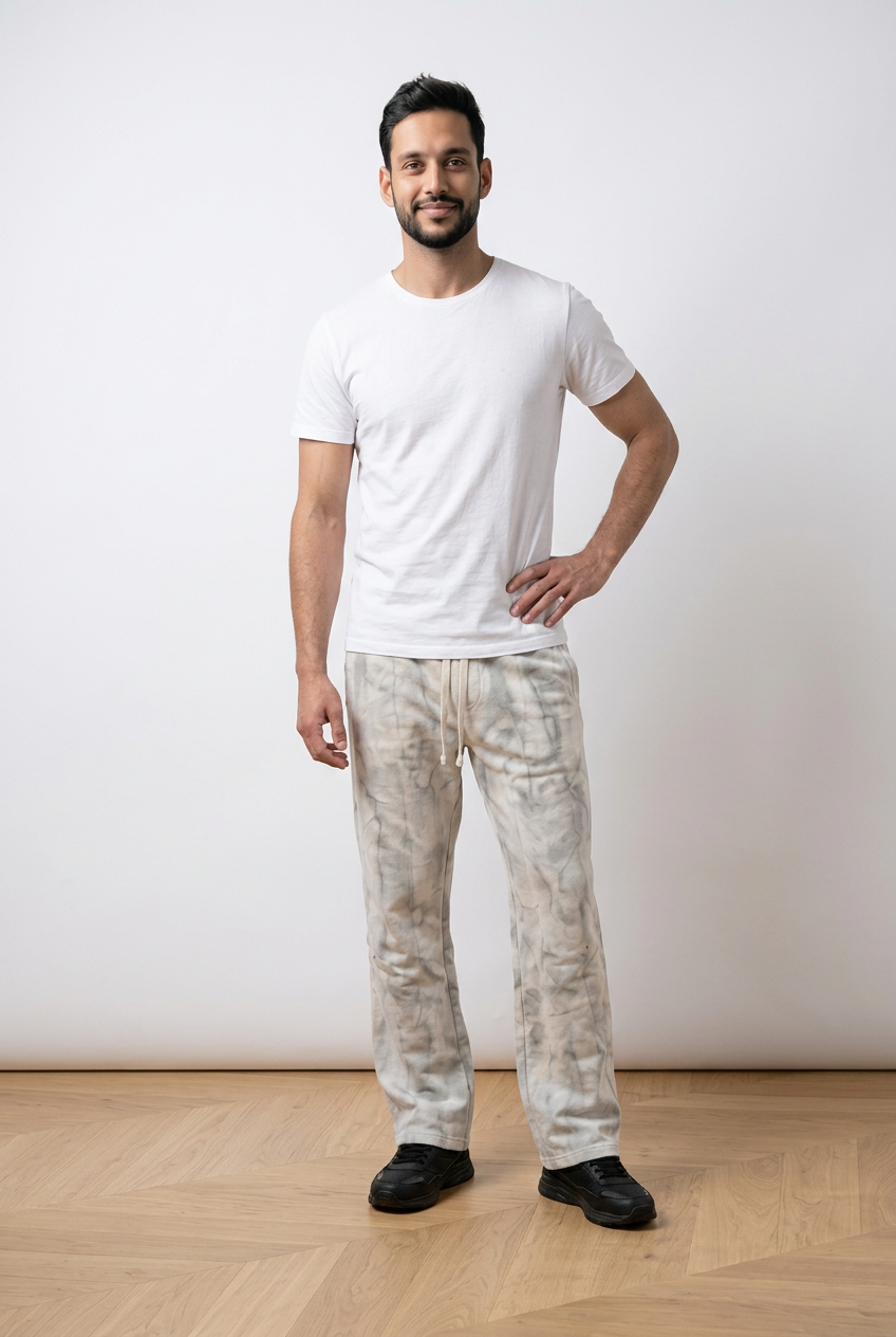 Pantalone baggy uomo realizzata in tessuto morbido con effetto lavaggio marmorizzato bianco, con coulisse in vita.