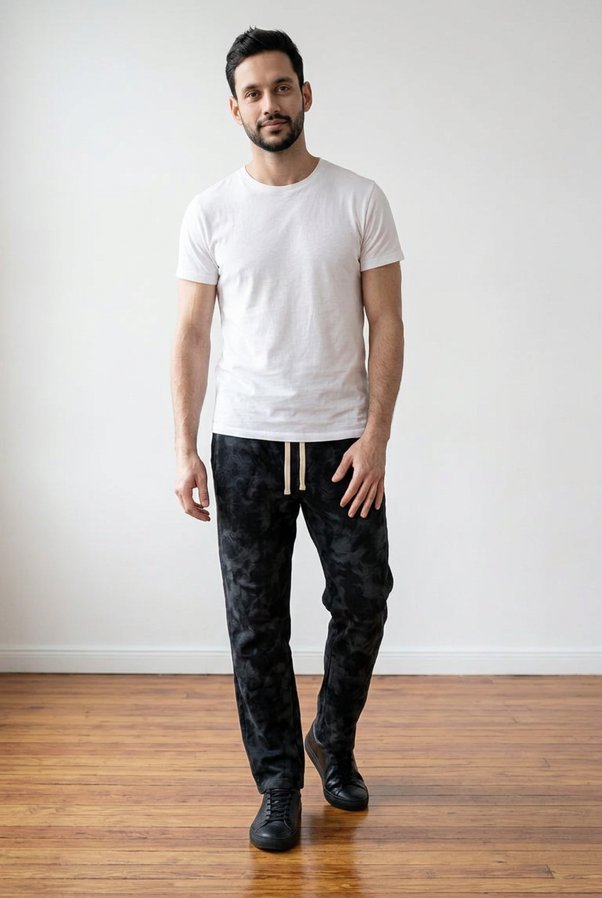 Pantalone baggy uomo realizzata in tessuto morbido con effetto lavaggio marmorizzato, con coulisse in vita.