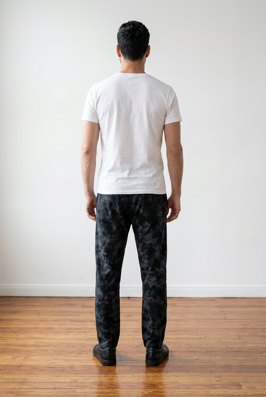 Pantalone baggy uomo realizzata in tessuto morbido con effetto lavaggio marmorizzato nero, con coulisse in vita.