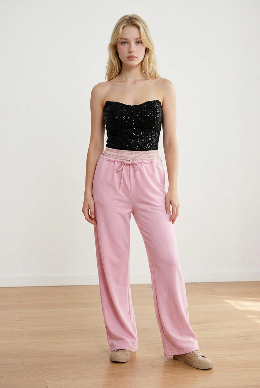 Pantalone palazzo rosa, con vita  elasticizzata in fantasia scozzese. Il cordino regolabile richiama il motivo della cintura elasticizzata. La gamba ampia slancia la figura.
